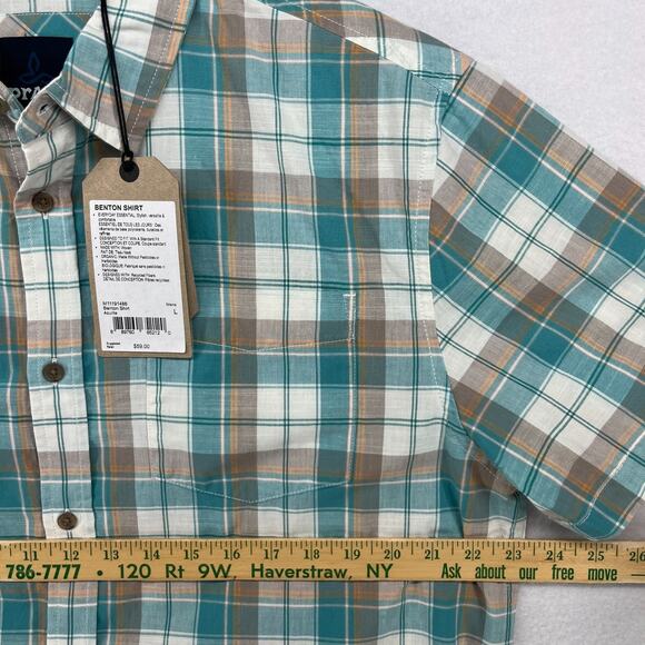 PRANA Shirt Mens L Benton Plaid Button Up Camp Organic Cotton Blend Blue NEW - Picture 13 of 15